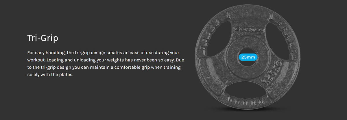 Tri-grip weight plate with 25mm hole